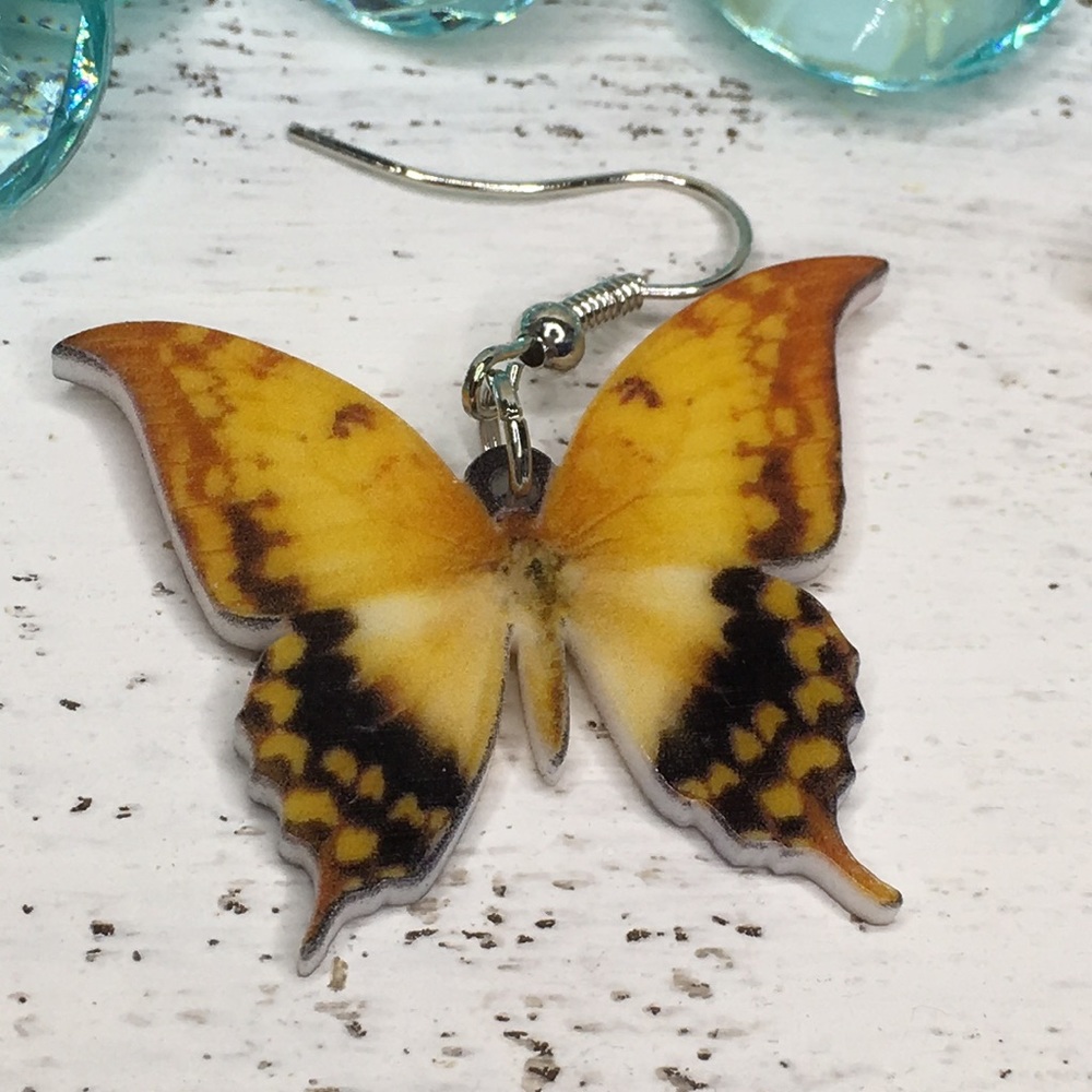 Yellow Spotted Acrylic Butterfly Earrings - Picture 3 of 5
